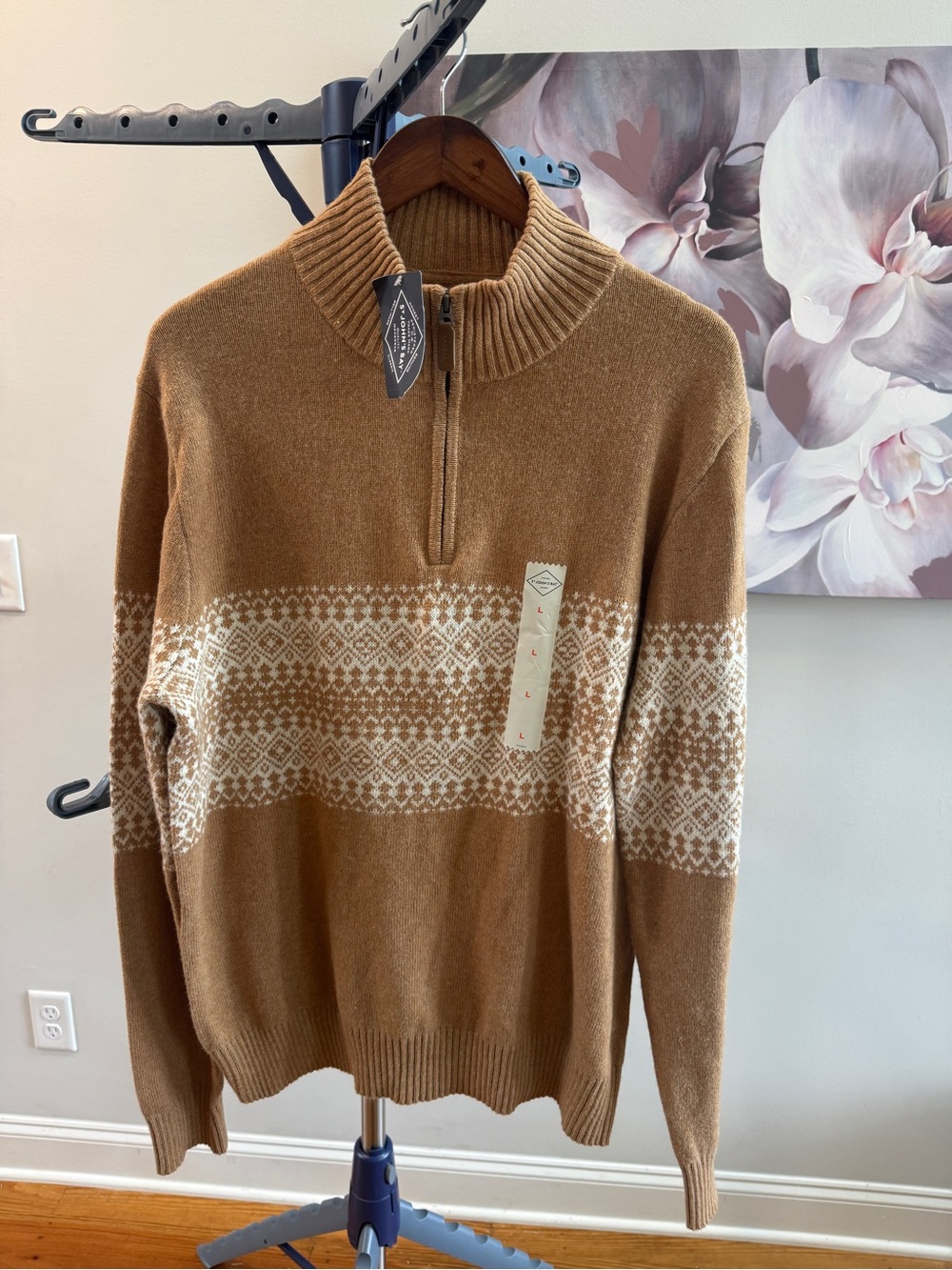 Men’s St. John’s Bay Toffee Fair Isle Quarter-Zip Sweater – Size Large (NWT)